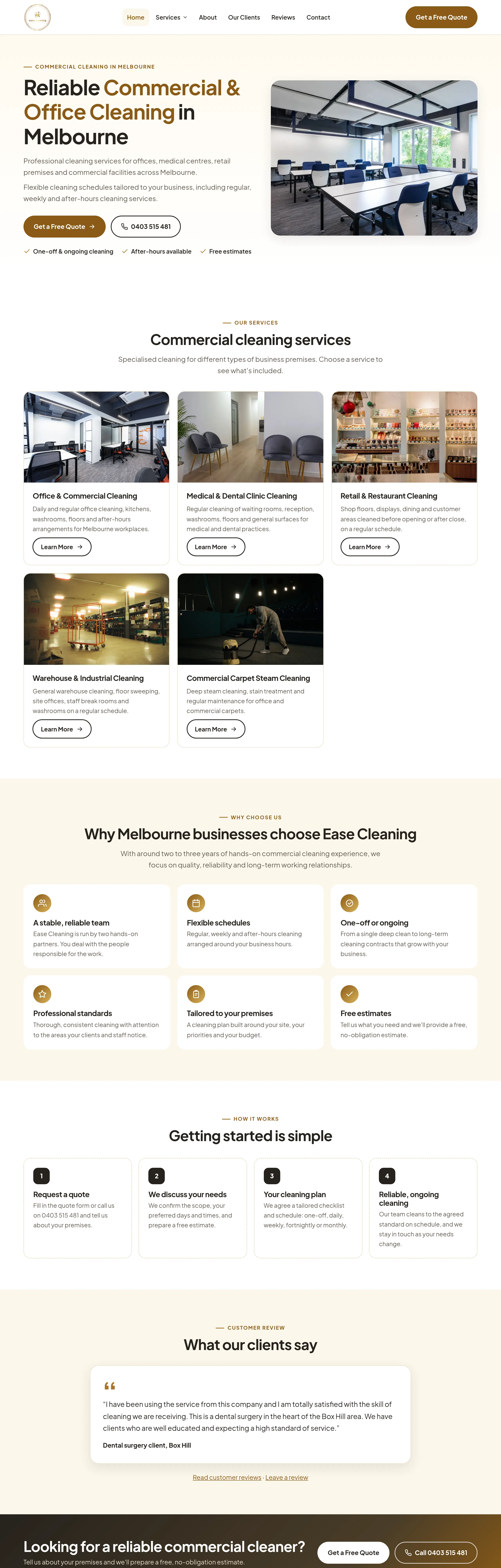 Ease Cleaning website homepage, scrolling